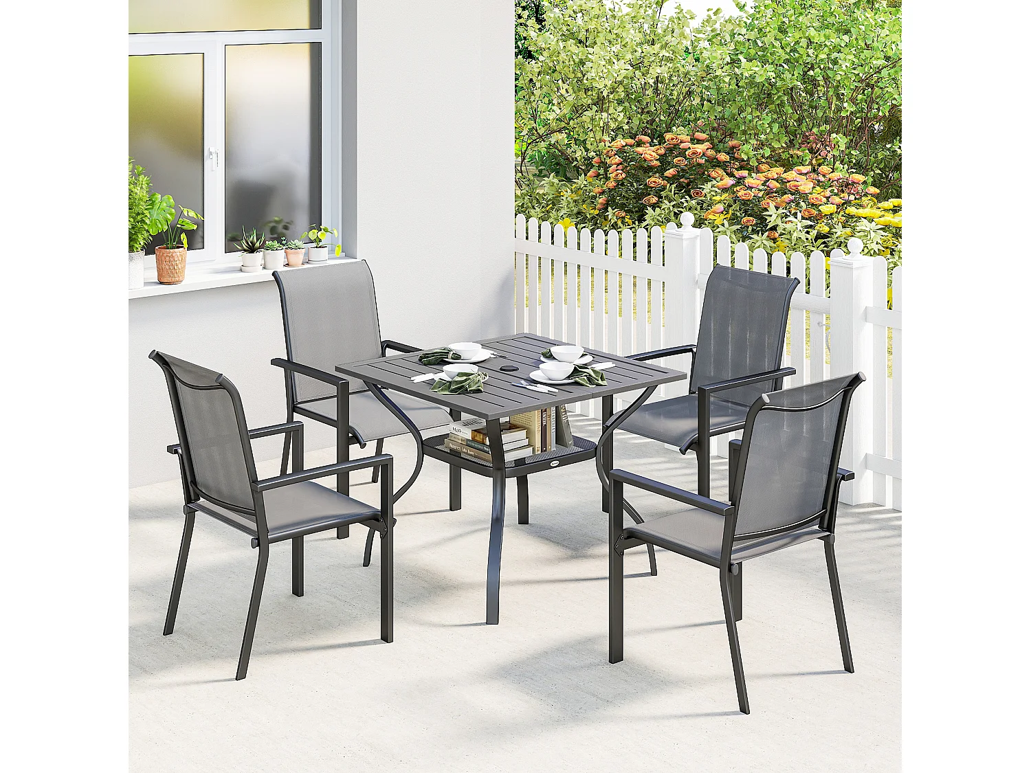 Set da giardino 5 pezzi con tavolo e 4 sedie impilabili grigio