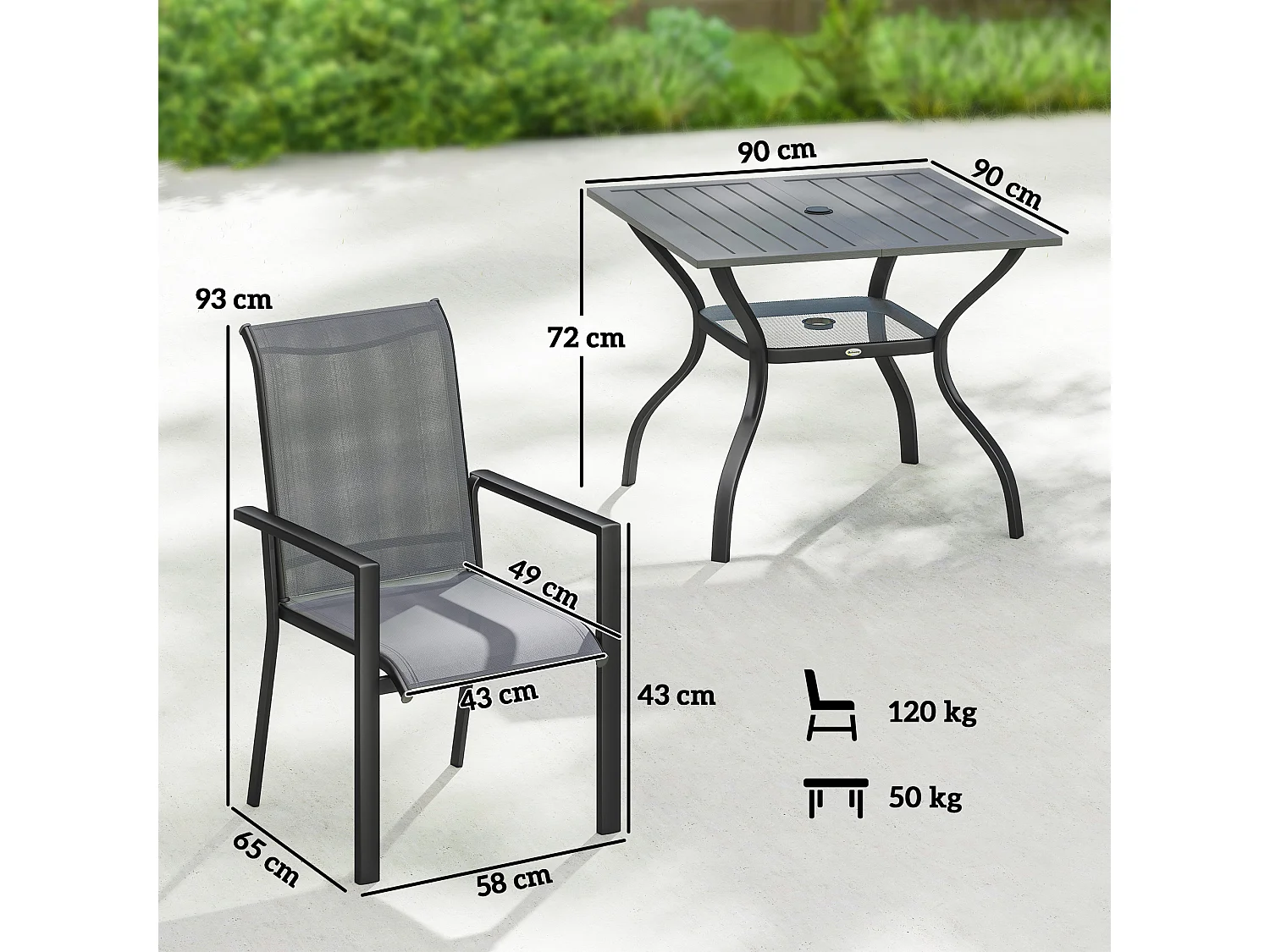 Set da giardino 5 pezzi con tavolo e 4 sedie impilabili grigio