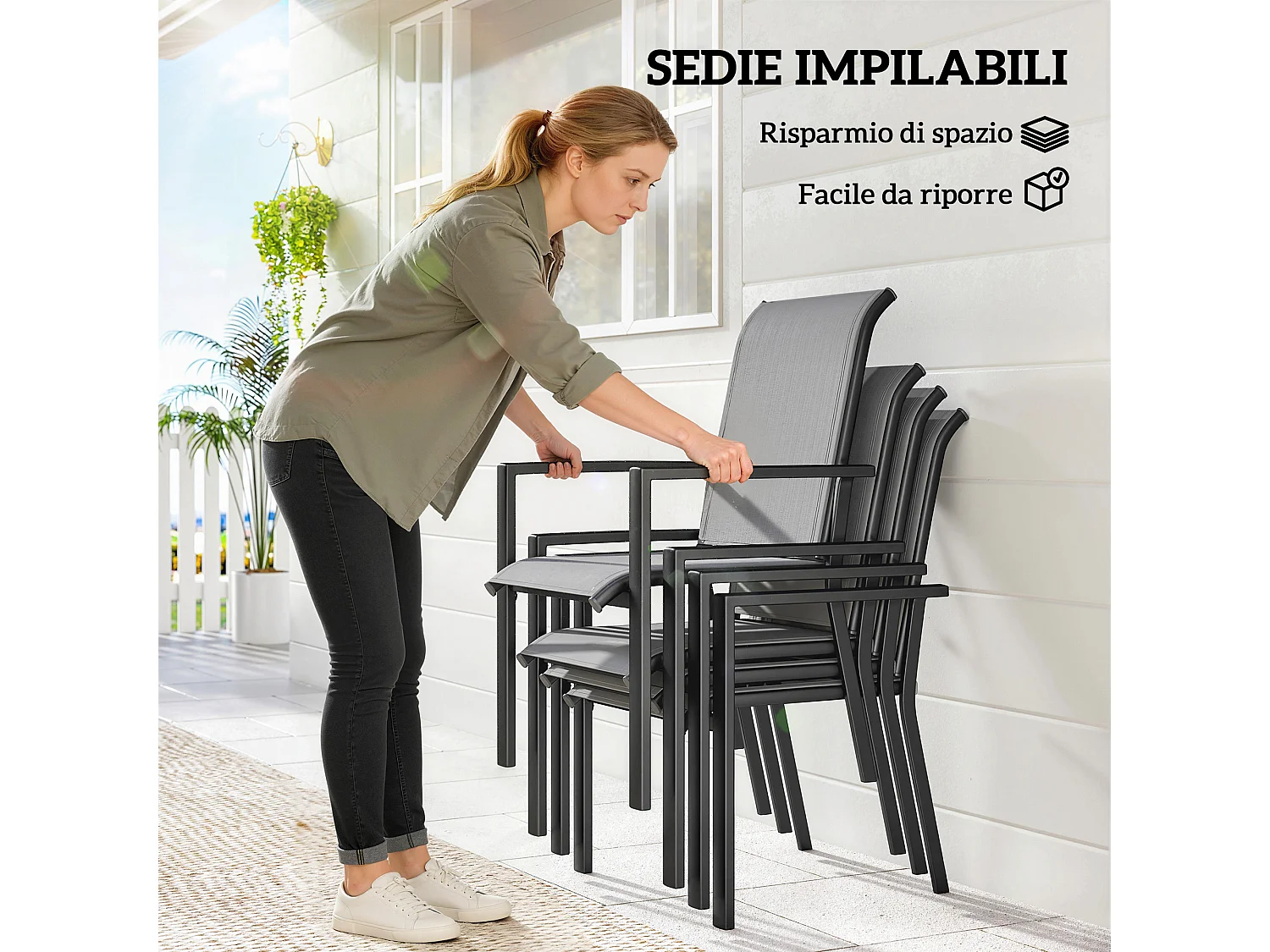Set da giardino 5 pezzi con tavolo e 4 sedie impilabili grigio