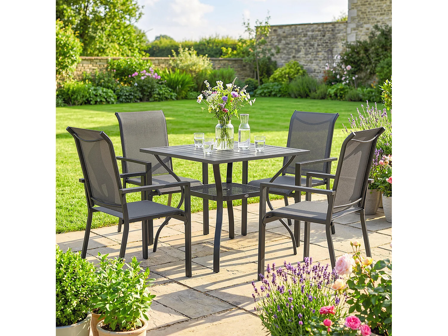 Set da giardino 5 pezzi con tavolo e 4 sedie impilabili grigio