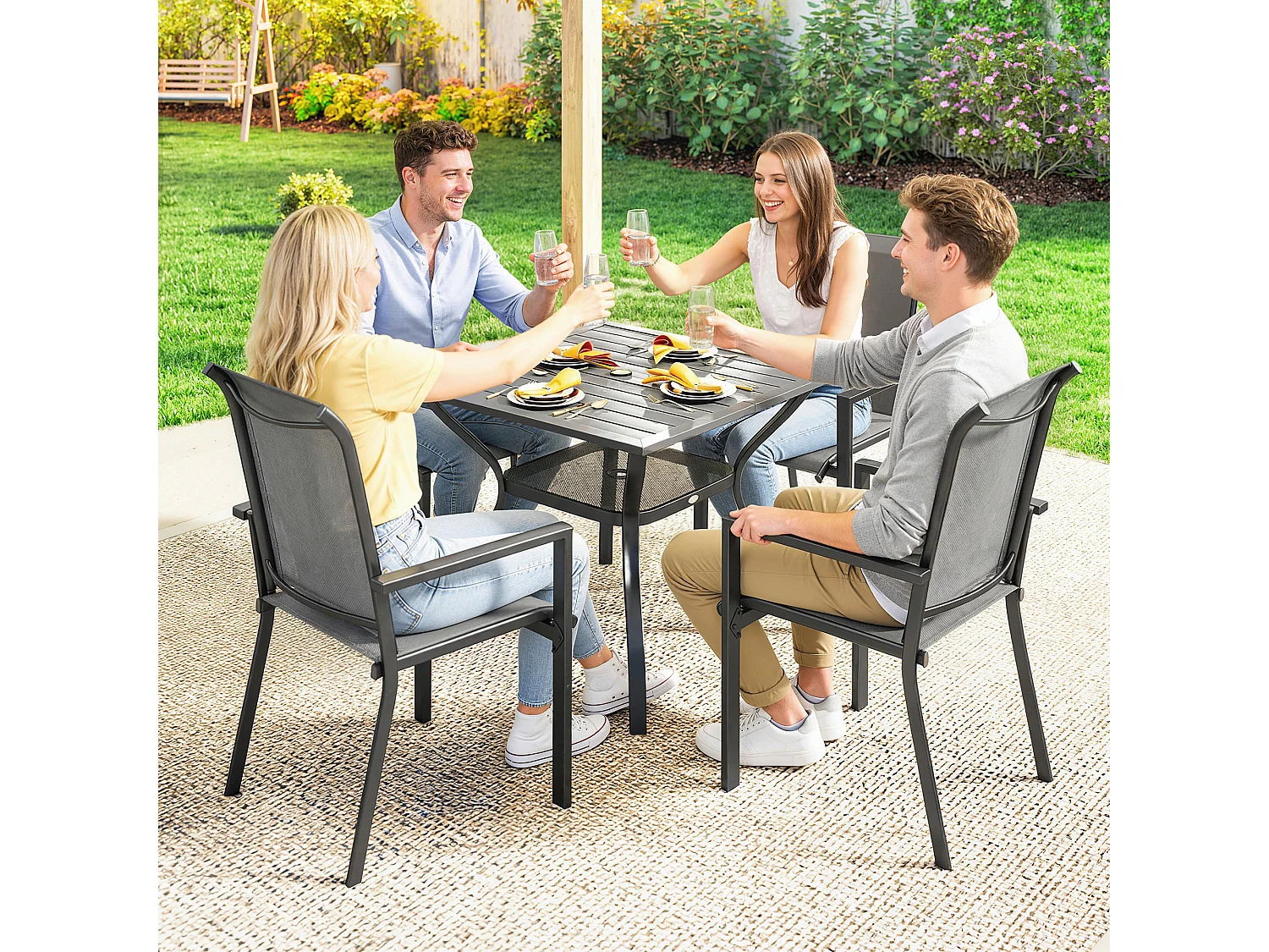 Set da giardino 5 pezzi con tavolo e 4 sedie impilabili grigio