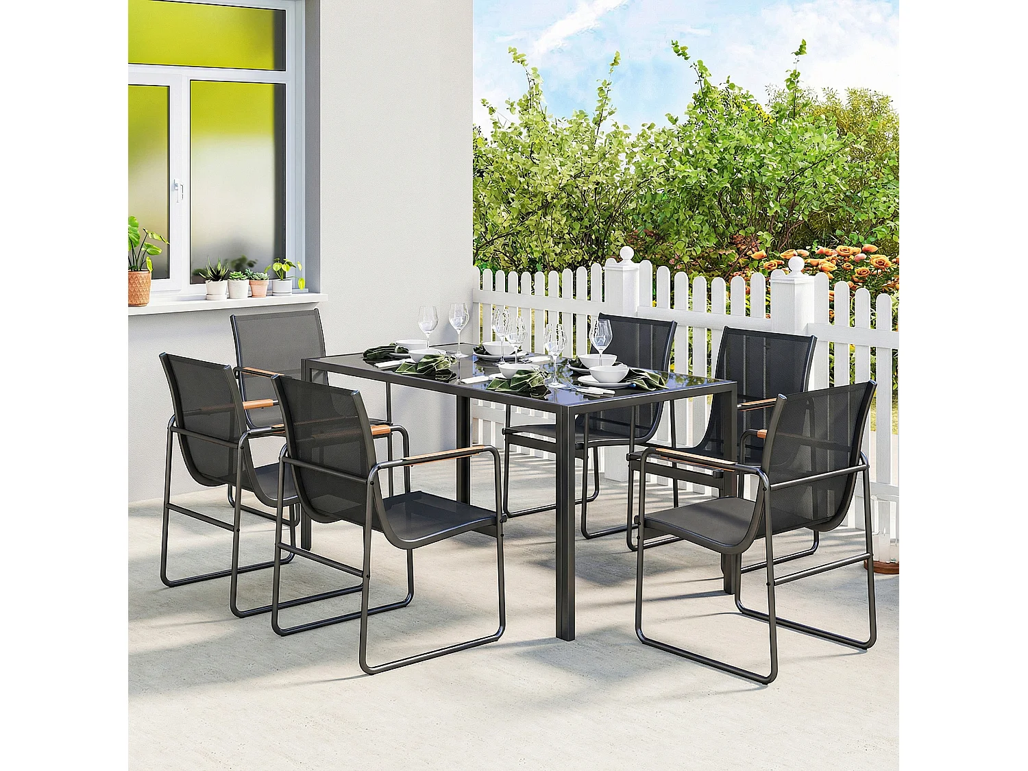 Set da esterno 7 pz con tavolo in vetro e 6 sedie nero