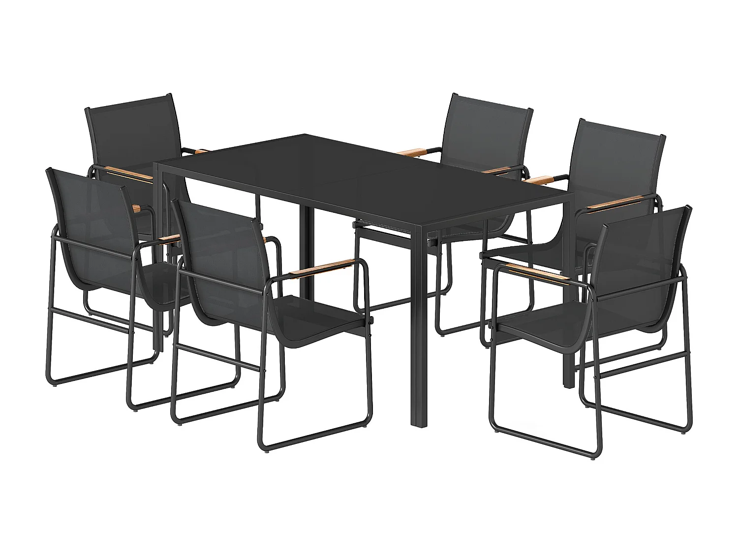 Set da esterno 7 pz con tavolo in vetro e 6 sedie nero