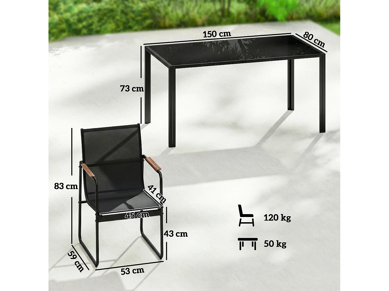 Set da esterno 7 pz con tavolo in vetro e 6 sedie nero