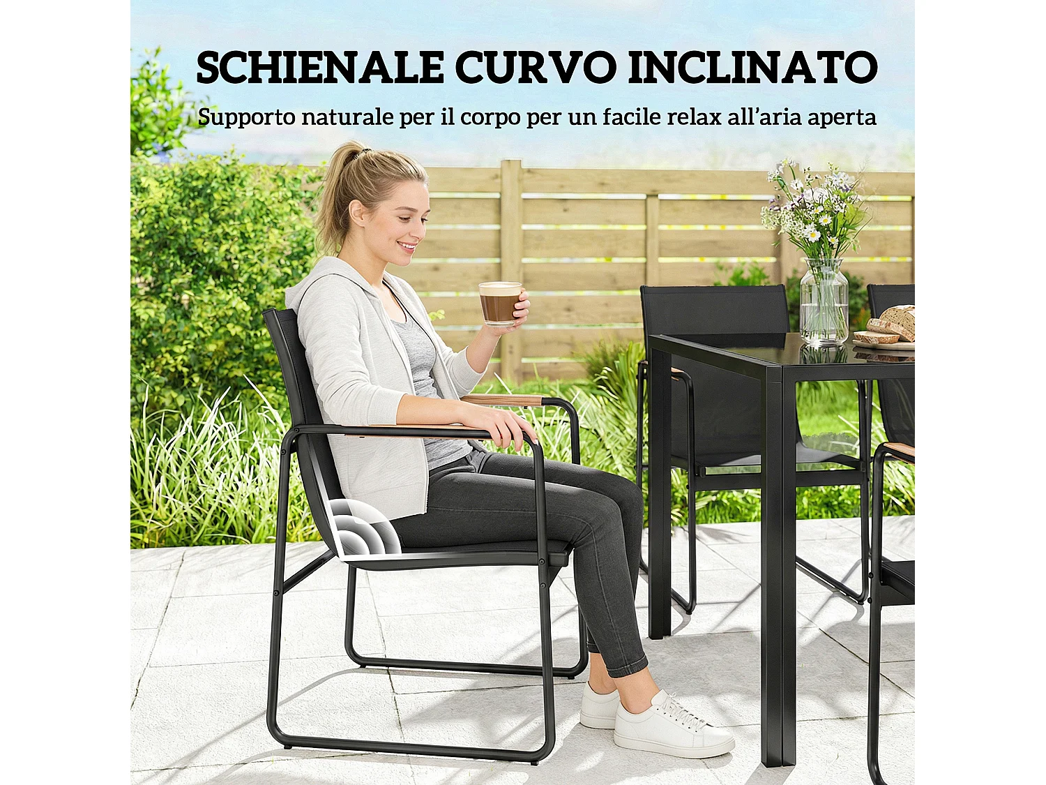 Set da esterno 7 pz con tavolo in vetro e 6 sedie nero