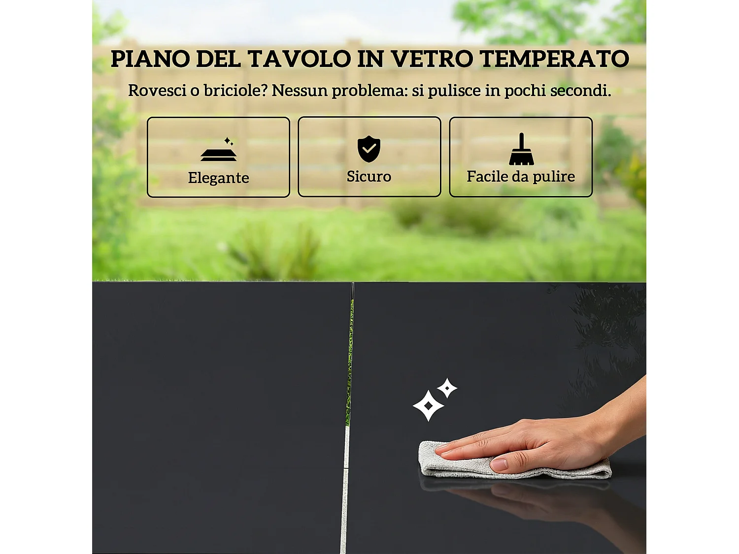 Set da esterno 7 pz con tavolo in vetro e 6 sedie nero
