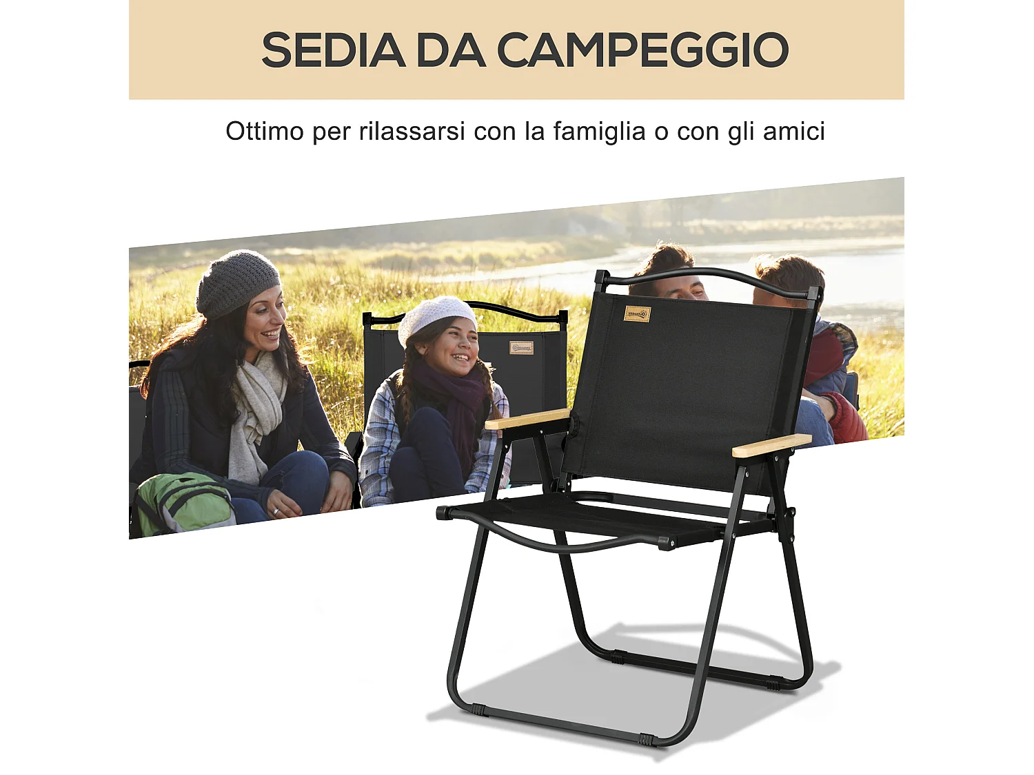 Sedia da giardino pieghevole con braccioli nero