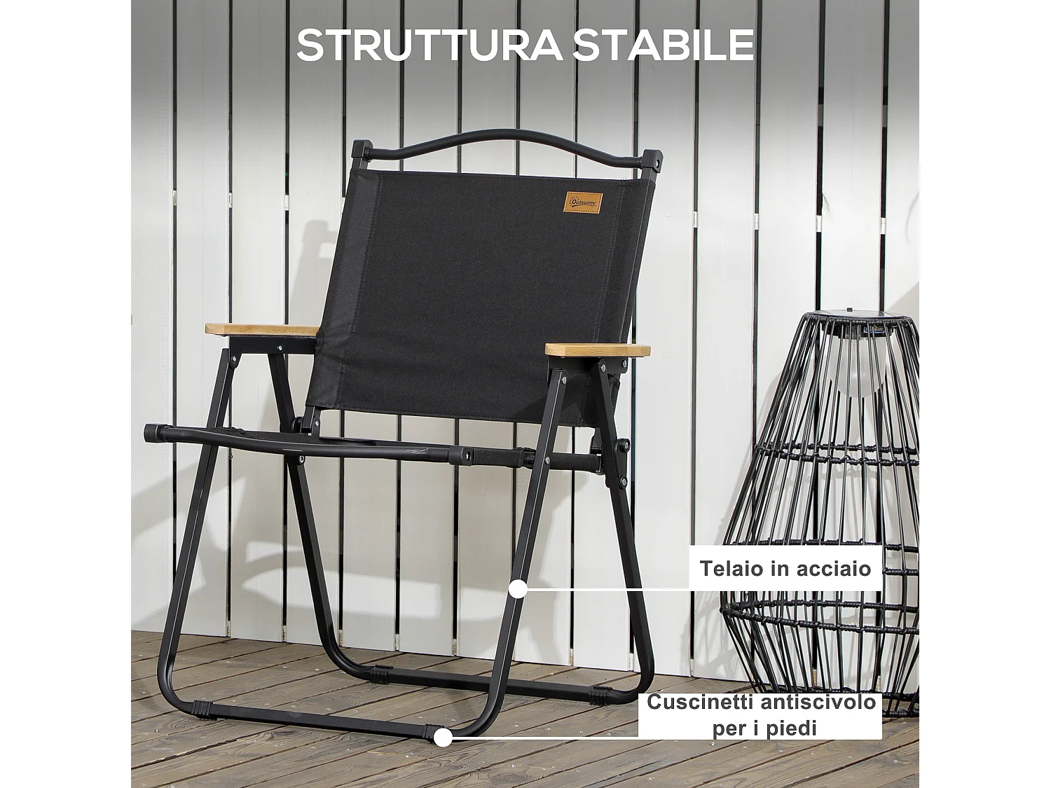 Sedia da giardino pieghevole con braccioli nero