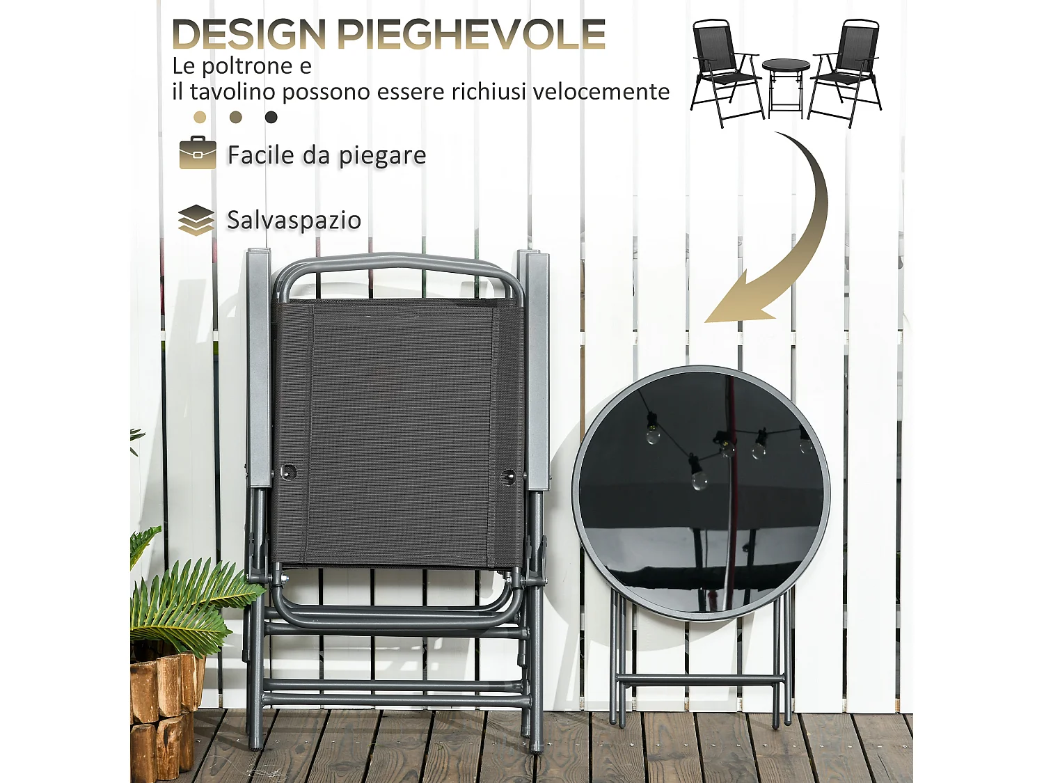 Set da giardino 3 pz con 2 sedie e tavolino da caffè nero