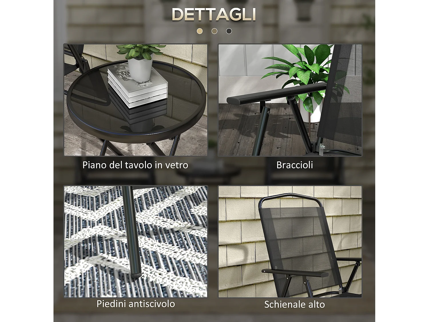 Set da giardino 3 pz con 2 sedie e tavolino da caffè nero