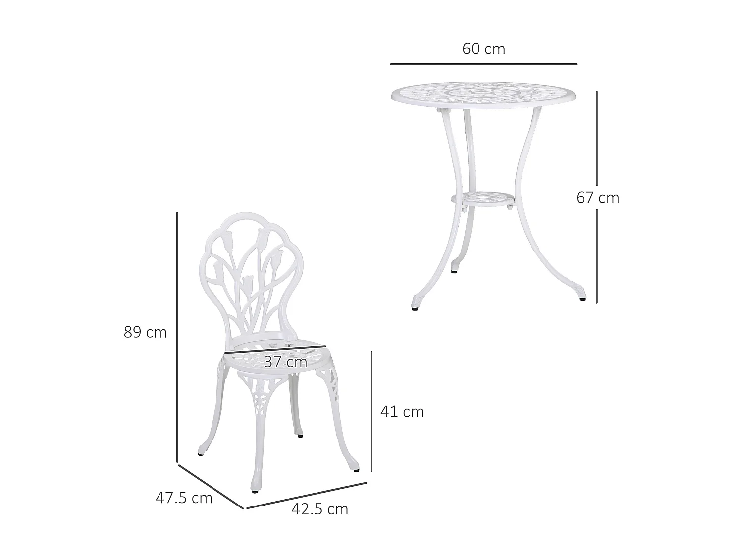 Set da giardino 3pz con 2 sedie e tavolino rotondo in alluminio bianco