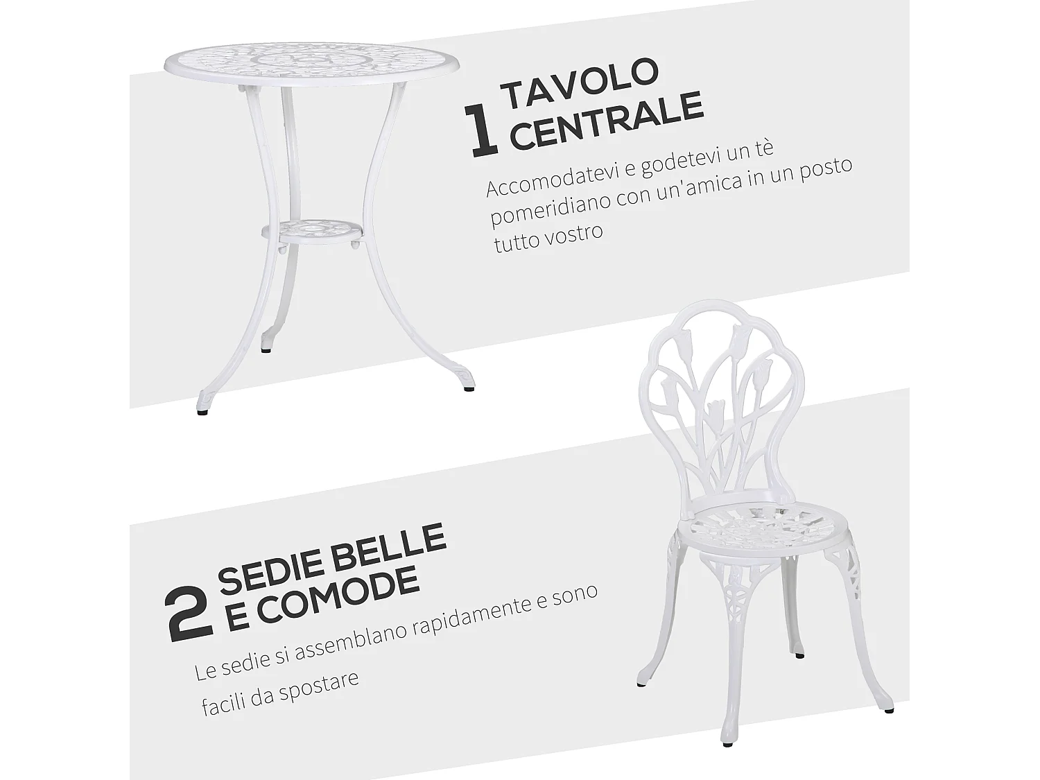 Set da giardino 3pz con 2 sedie e tavolino rotondo in alluminio bianco