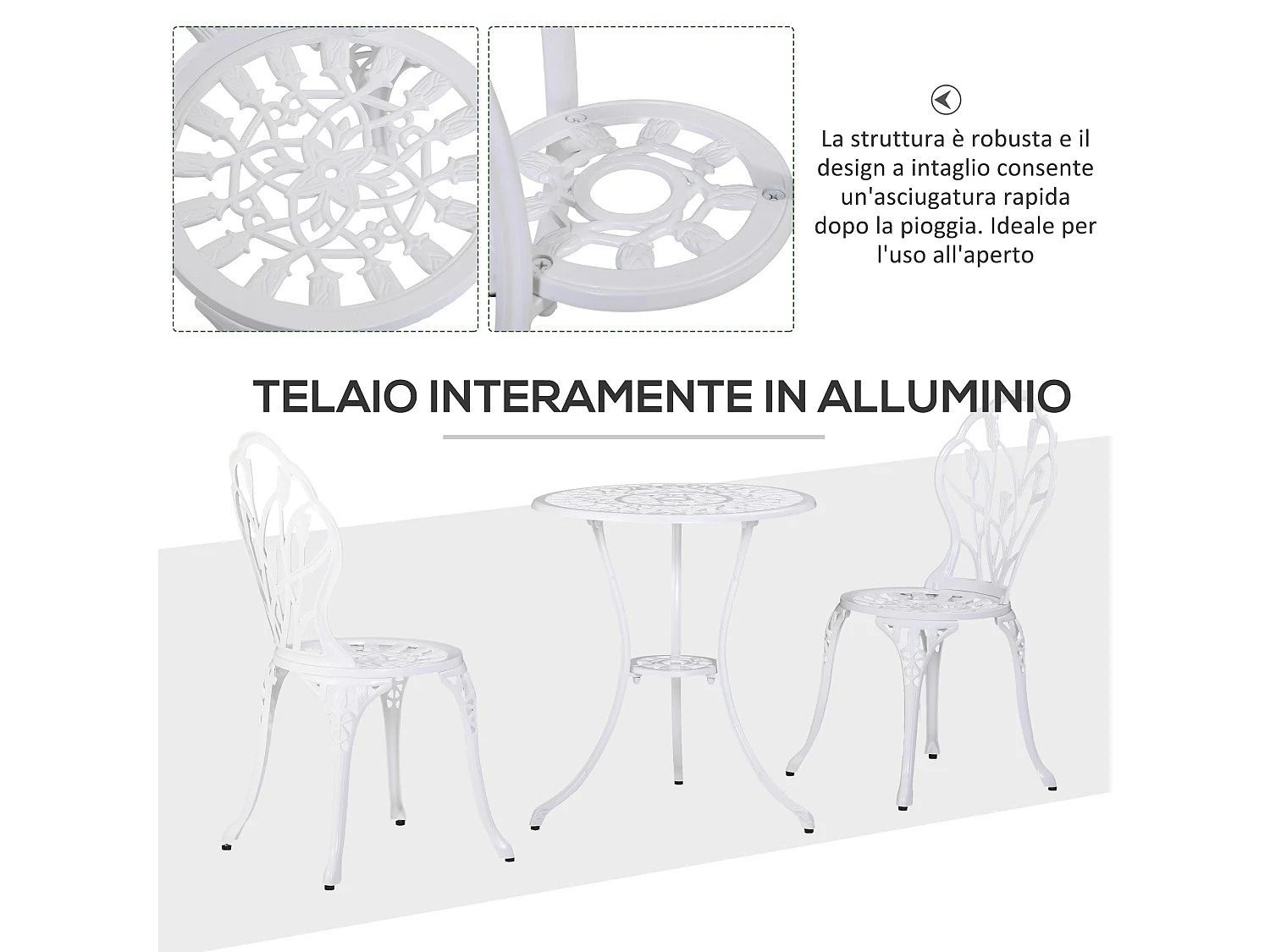 Set da giardino 3pz con 2 sedie e tavolino rotondo in alluminio bianco