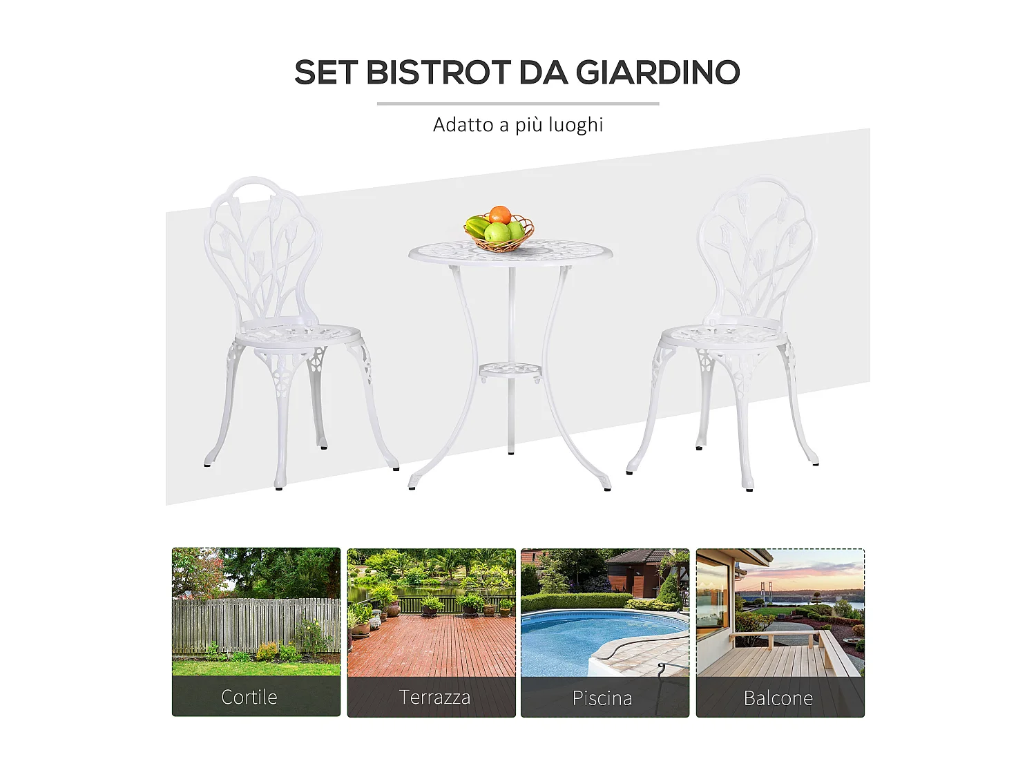 Set da giardino 3pz con 2 sedie e tavolino rotondo in alluminio bianco