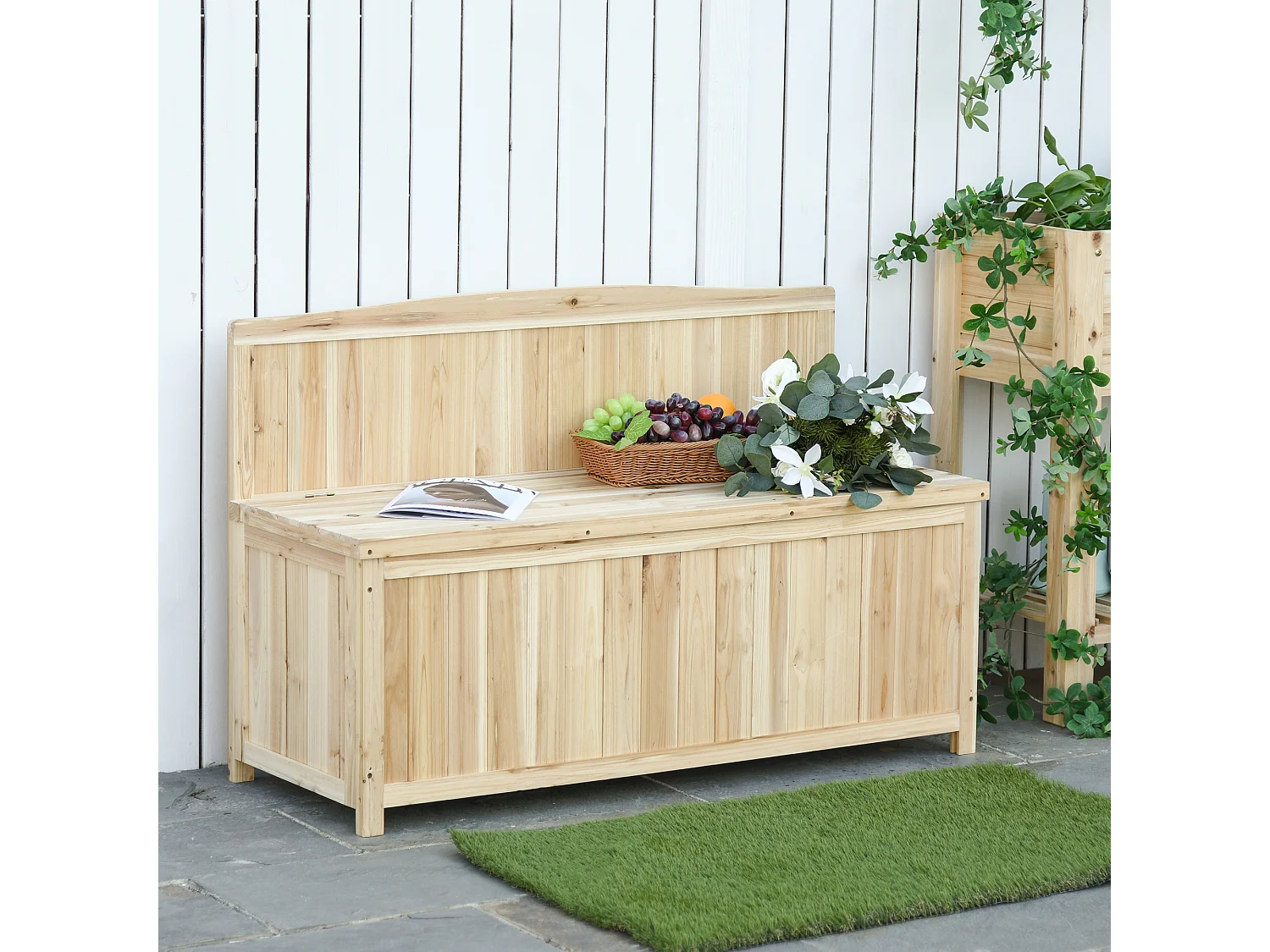 Panca Contenitore da Esterno con Schienale in Legno di Abete per Giardino Terrazza