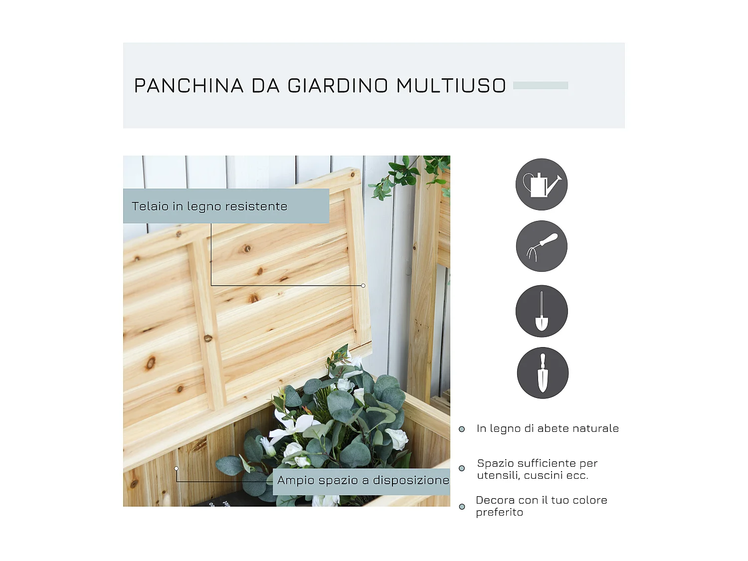 Panca Contenitore da Esterno con Schienale in Legno di Abete per Giardino Terrazza