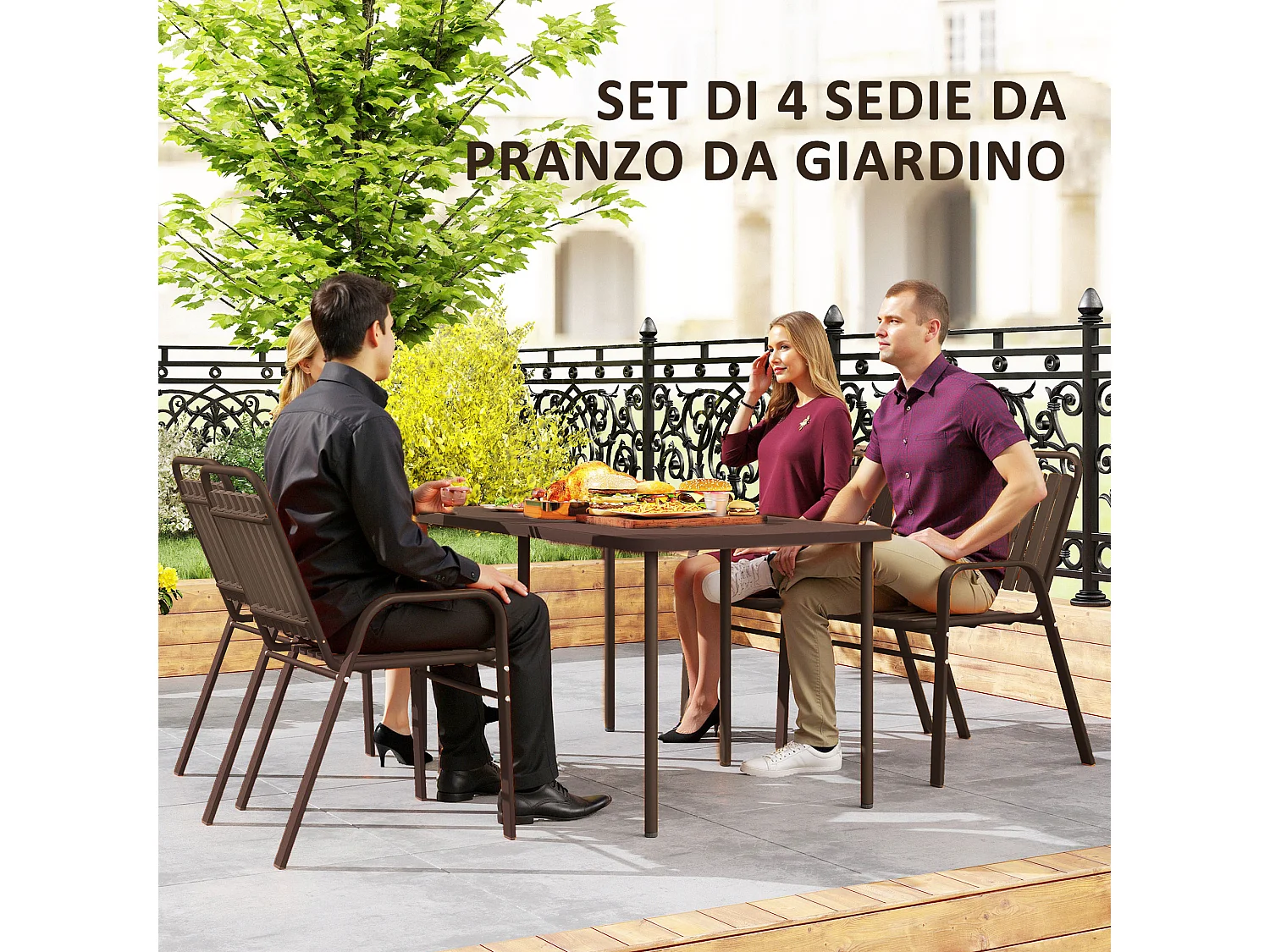 Set 4 sedie per esterno impilabili con braccioli marrone scuro