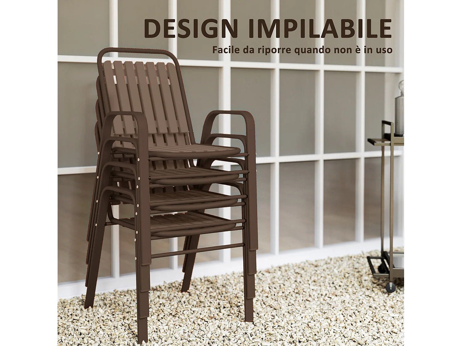 Set 4 sedie per esterno impilabili con braccioli marrone scuro