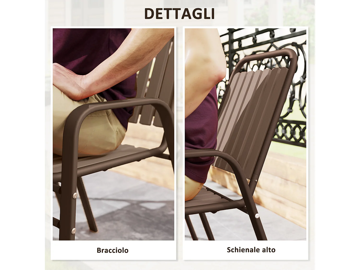 Set 4 sedie per esterno impilabili con braccioli marrone scuro