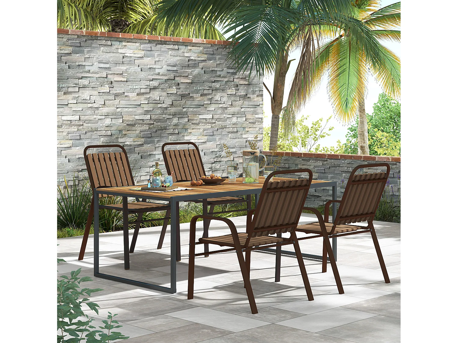 Set 4 sedie per esterno impilabili con braccioli marrone scuro