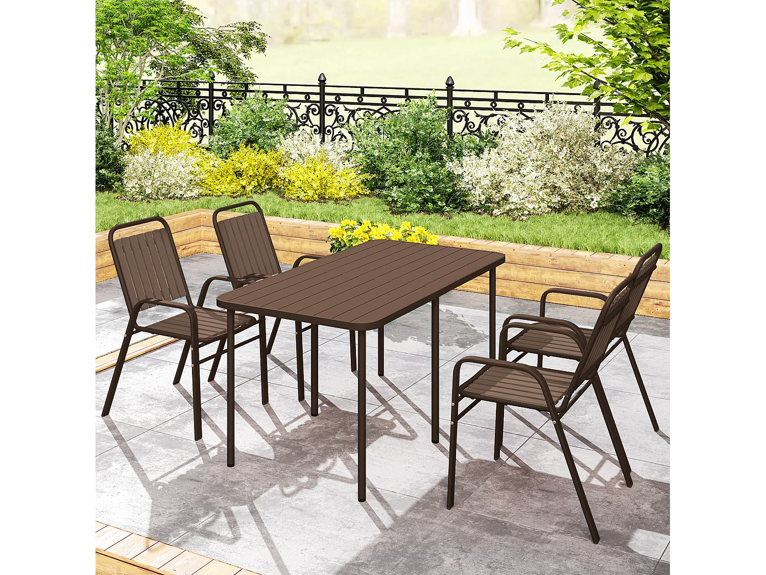 Set 4 sedie per esterno impilabili con braccioli marrone scuro