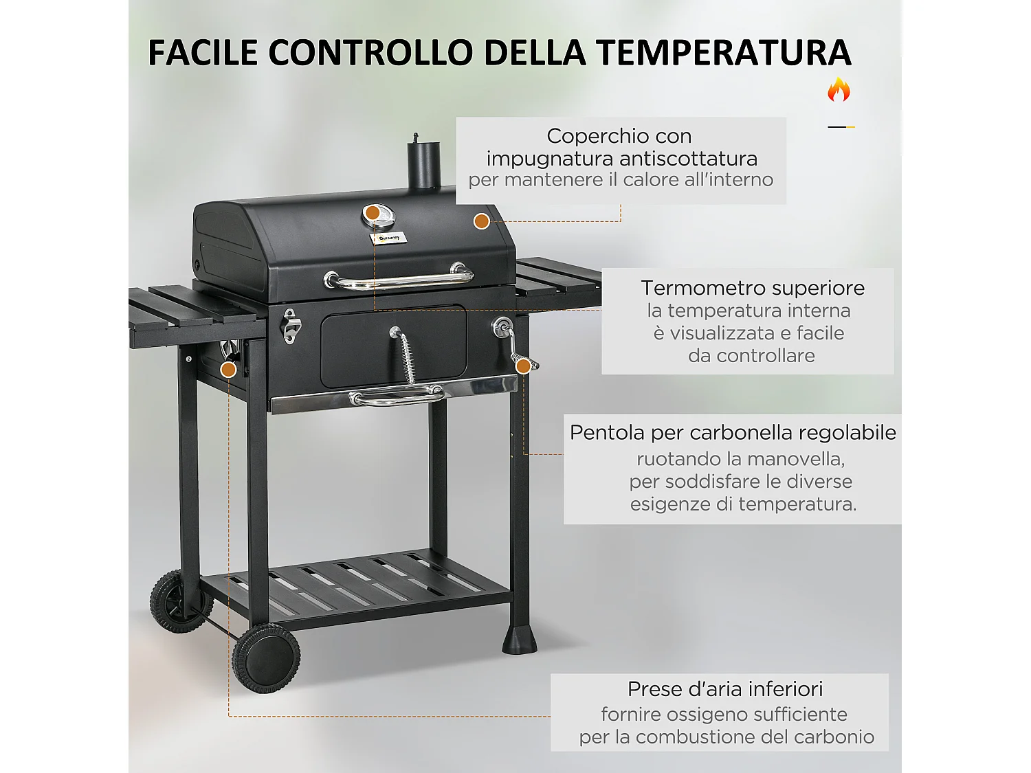 Barbecue a carbone con griglia regolabile coperchio e ruote nero