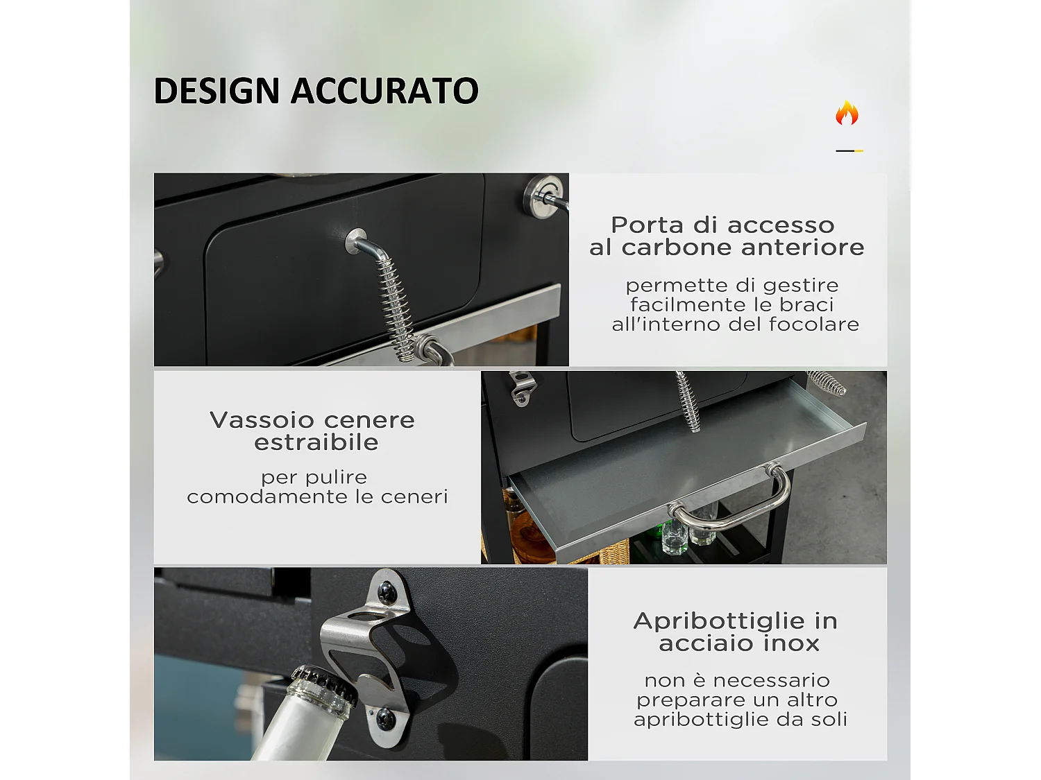 Barbecue a carbone con griglia regolabile coperchio e ruote nero