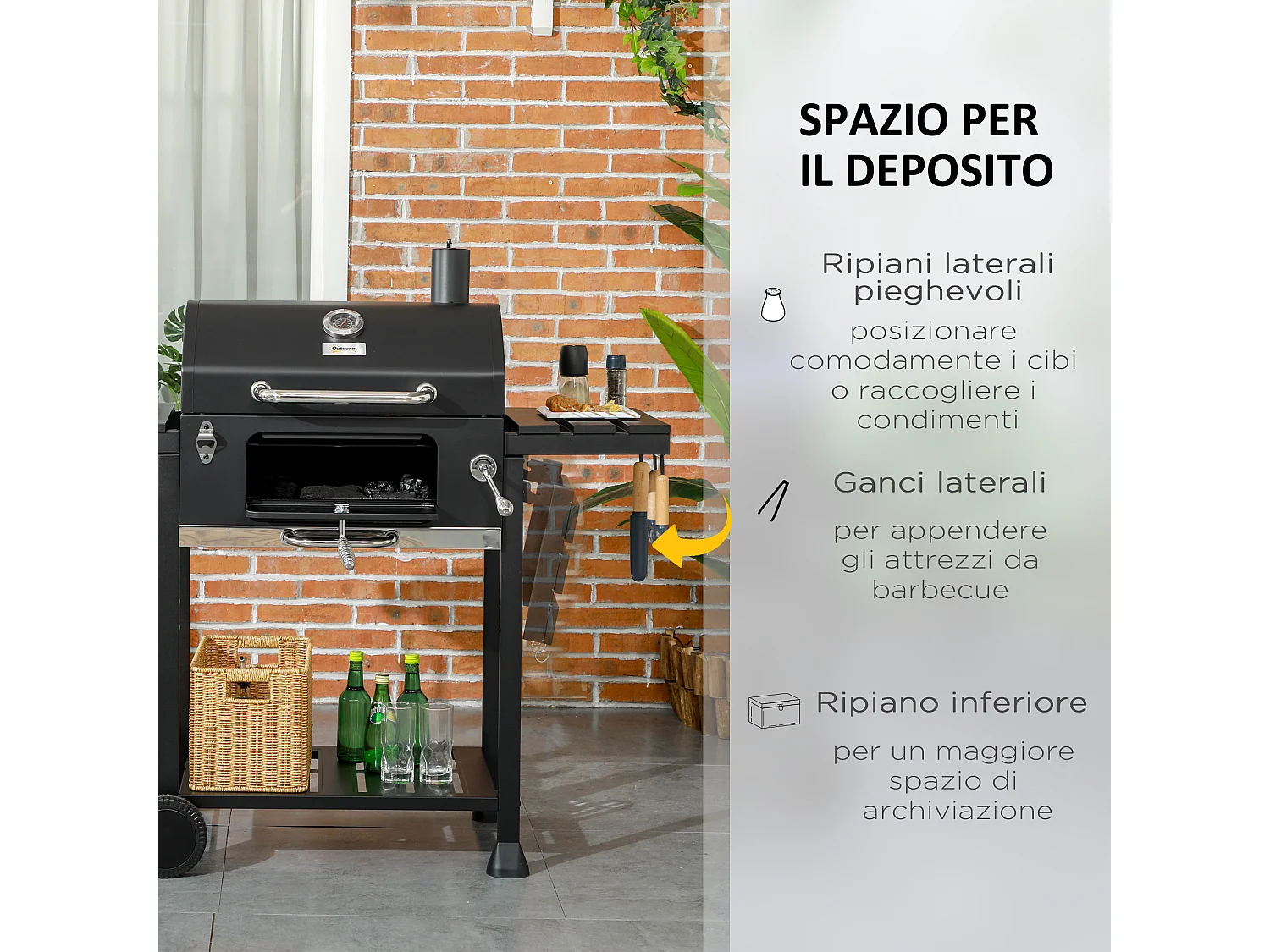 Barbecue a carbone con griglia regolabile coperchio e ruote nero