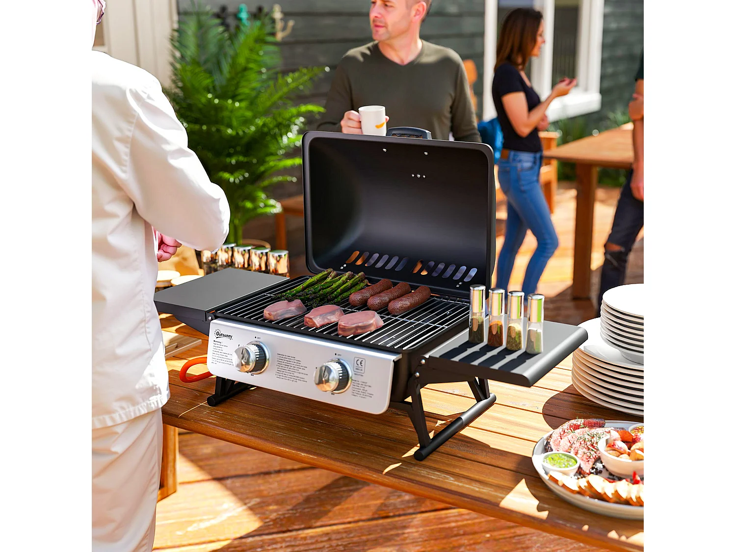 Barbecue a gas portatile con 2 bruciatori e coperchio nero