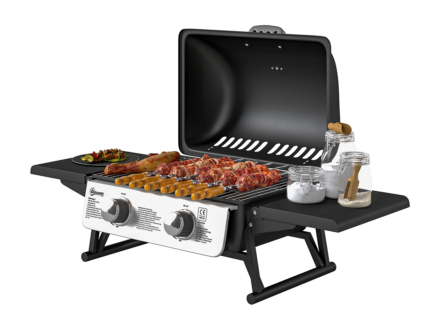 Barbecue a gas portatile con 2 bruciatori e coperchio nero