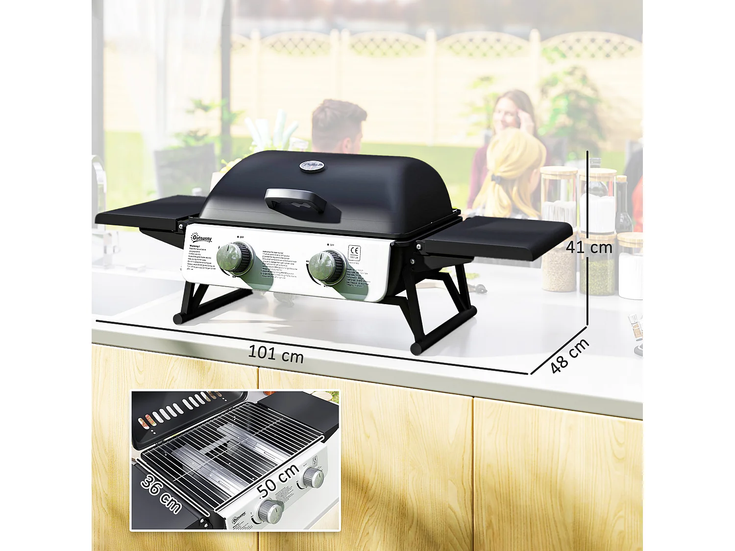 Barbecue a gas portatile con 2 bruciatori e coperchio nero