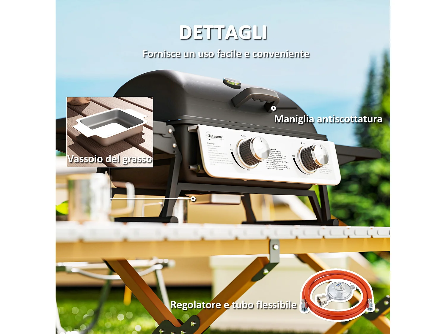 Barbecue a gas portatile con 2 bruciatori e coperchio nero