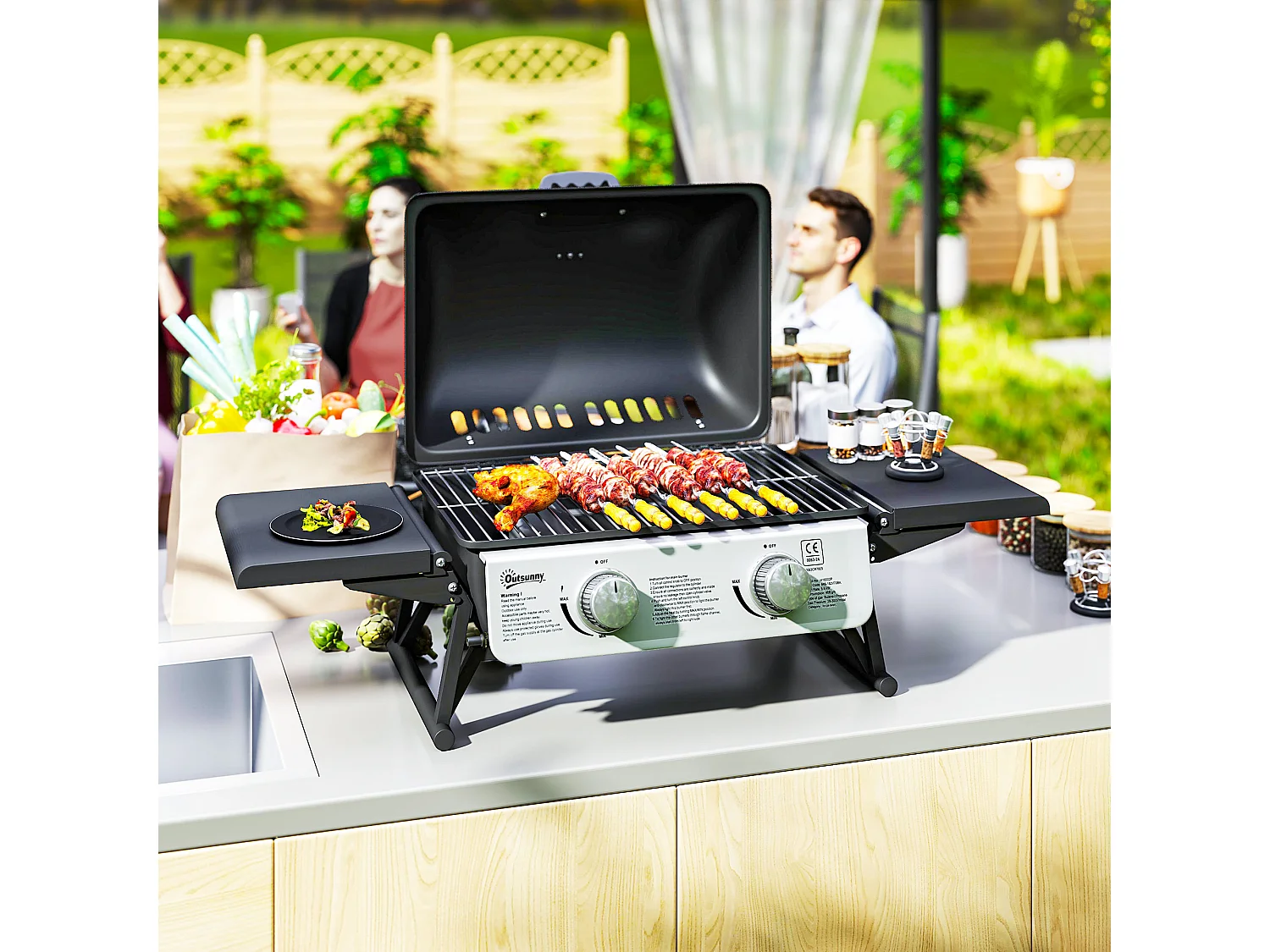 Barbecue a gas portatile con 2 bruciatori e coperchio nero