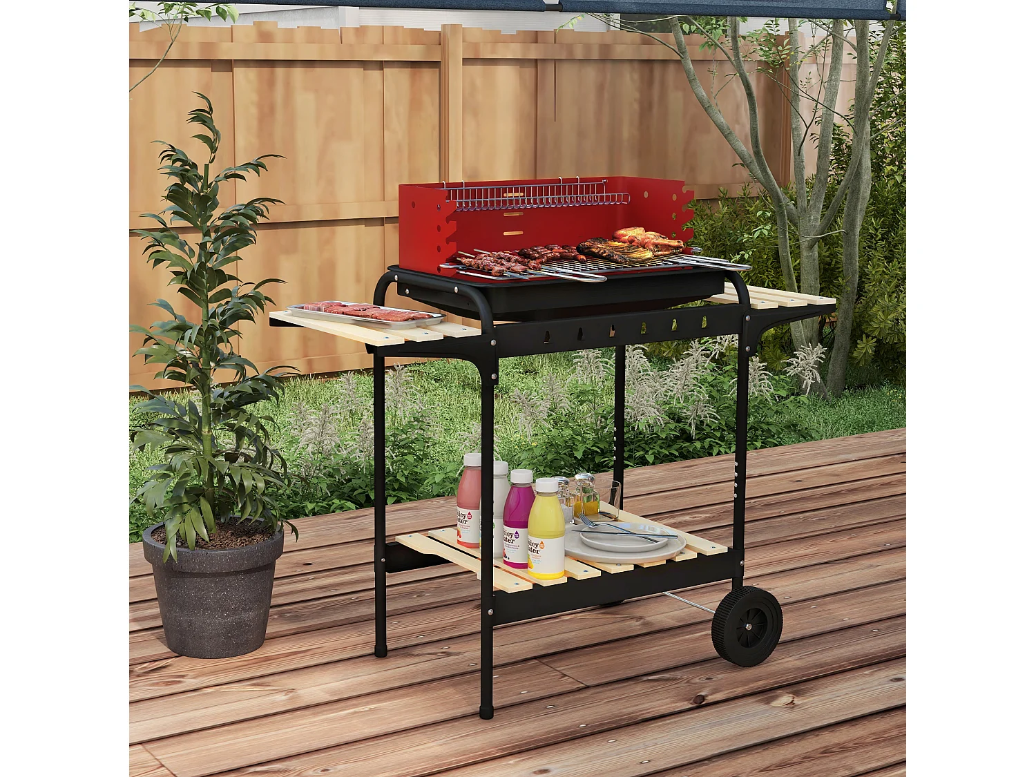 Barbecue a carbonella con griglia regolabile e ripiani rosso