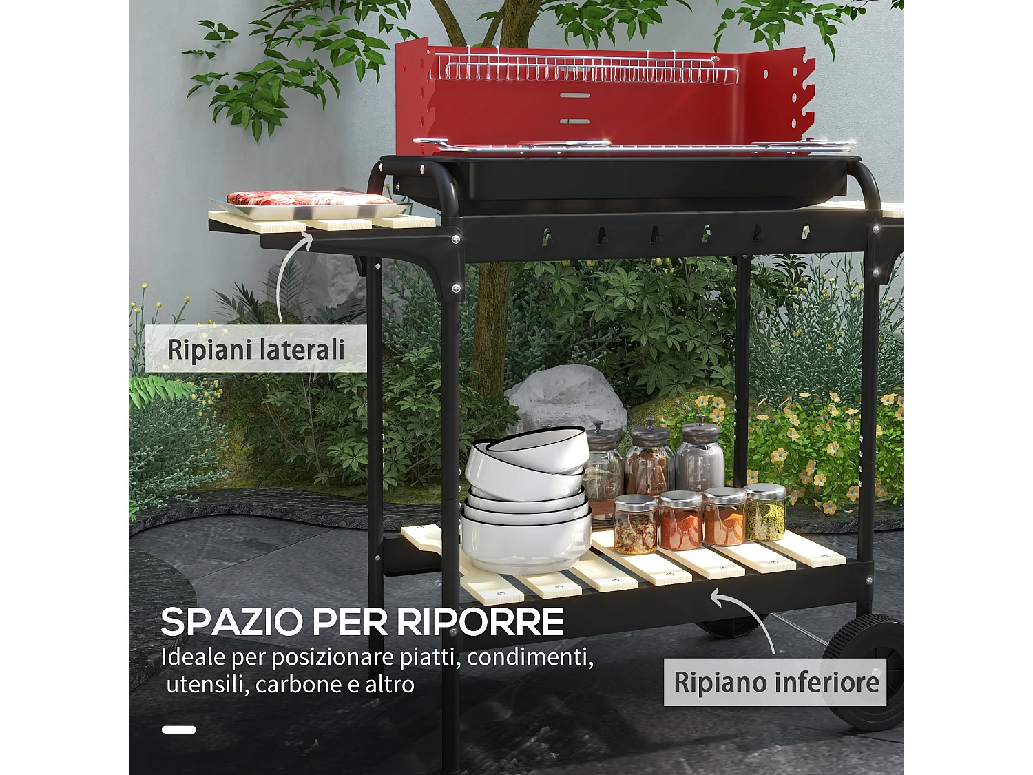 Barbecue a carbonella con griglia regolabile e ripiani rosso