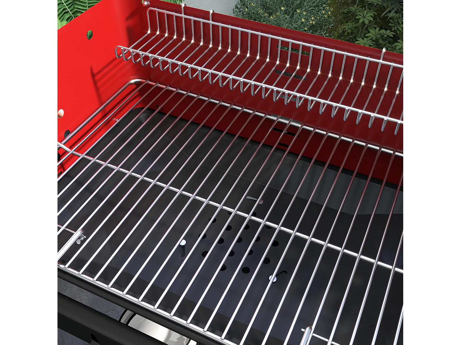 Barbecue a carbonella con griglia regolabile e ripiani rosso