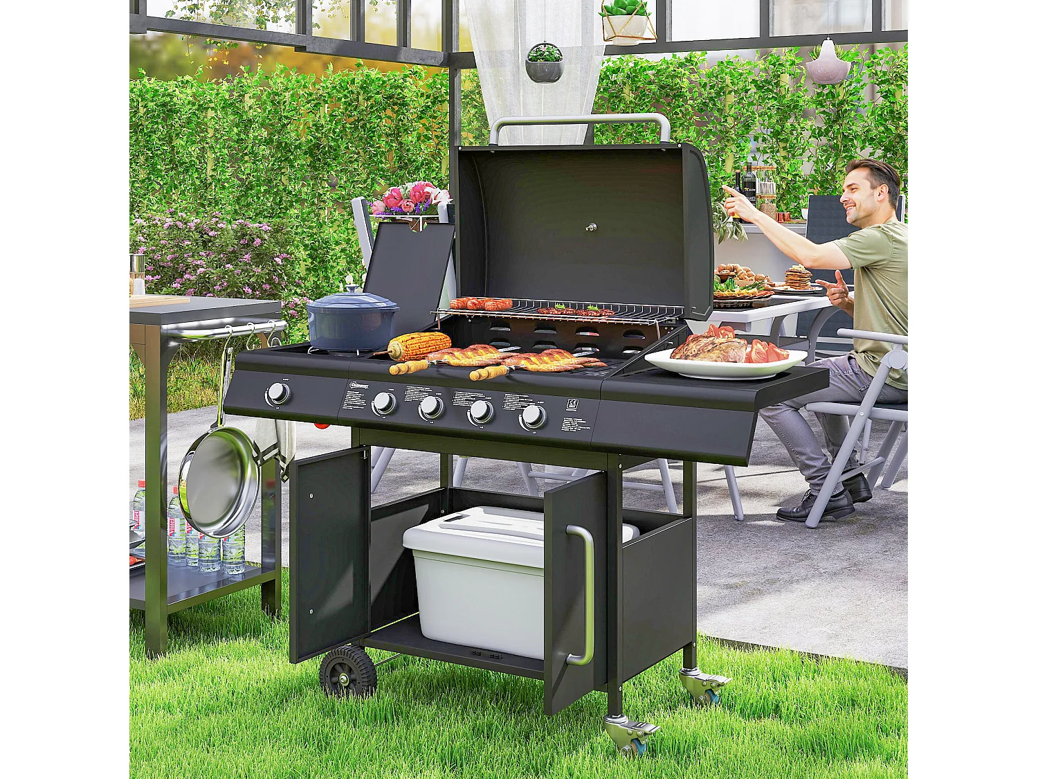 Barbecue a gas a rotelle con fornello, tavolino e armadietto nero