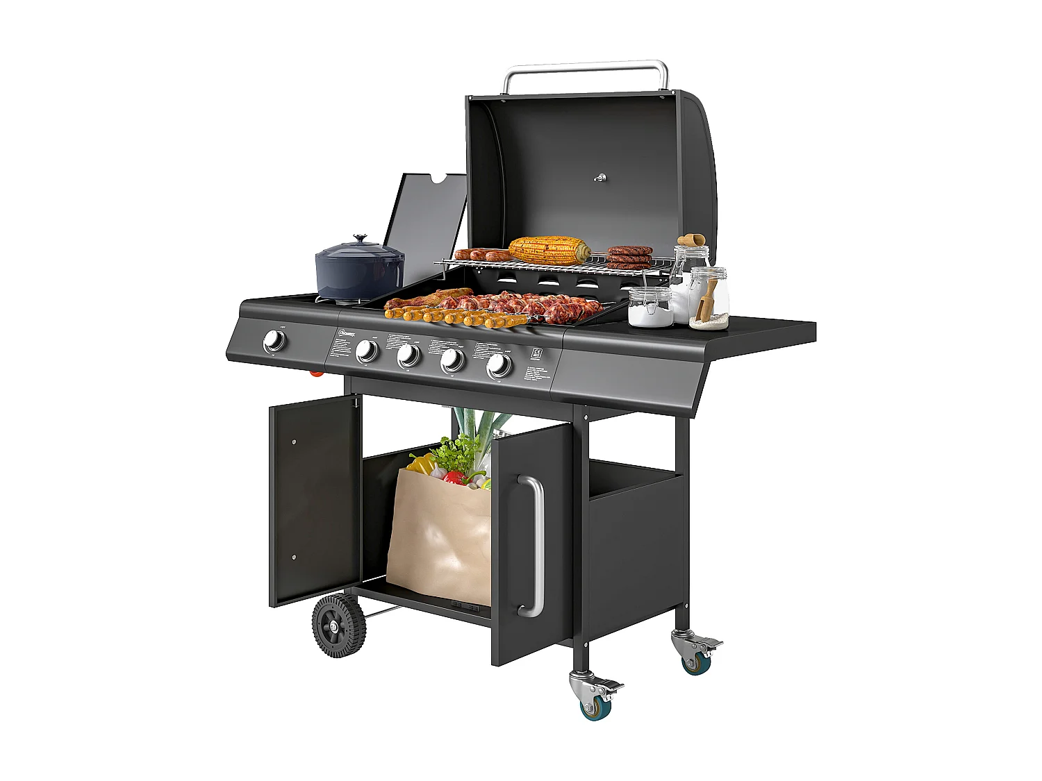 Barbecue a gas a rotelle con fornello, tavolino e armadietto nero