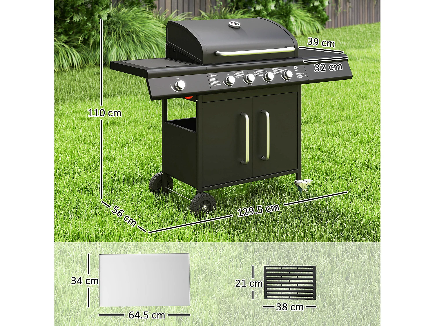 Barbecue a gas a rotelle con fornello, tavolino e armadietto nero