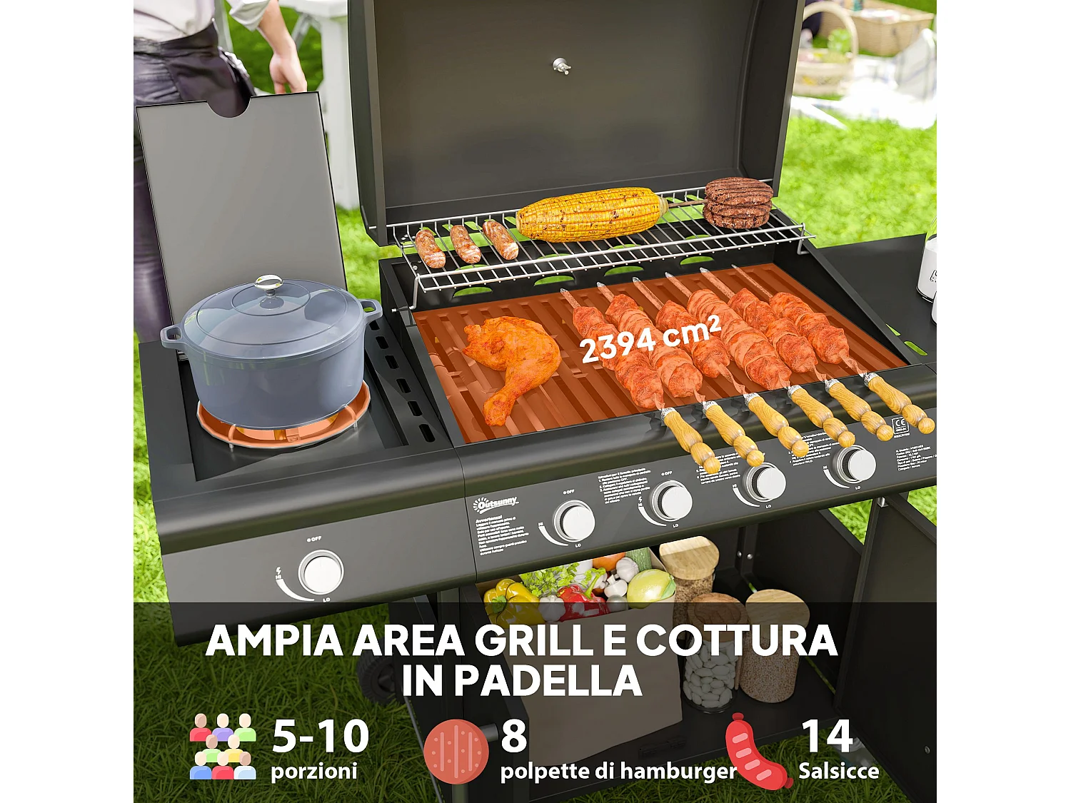 Barbecue a gas a rotelle con fornello, tavolino e armadietto nero