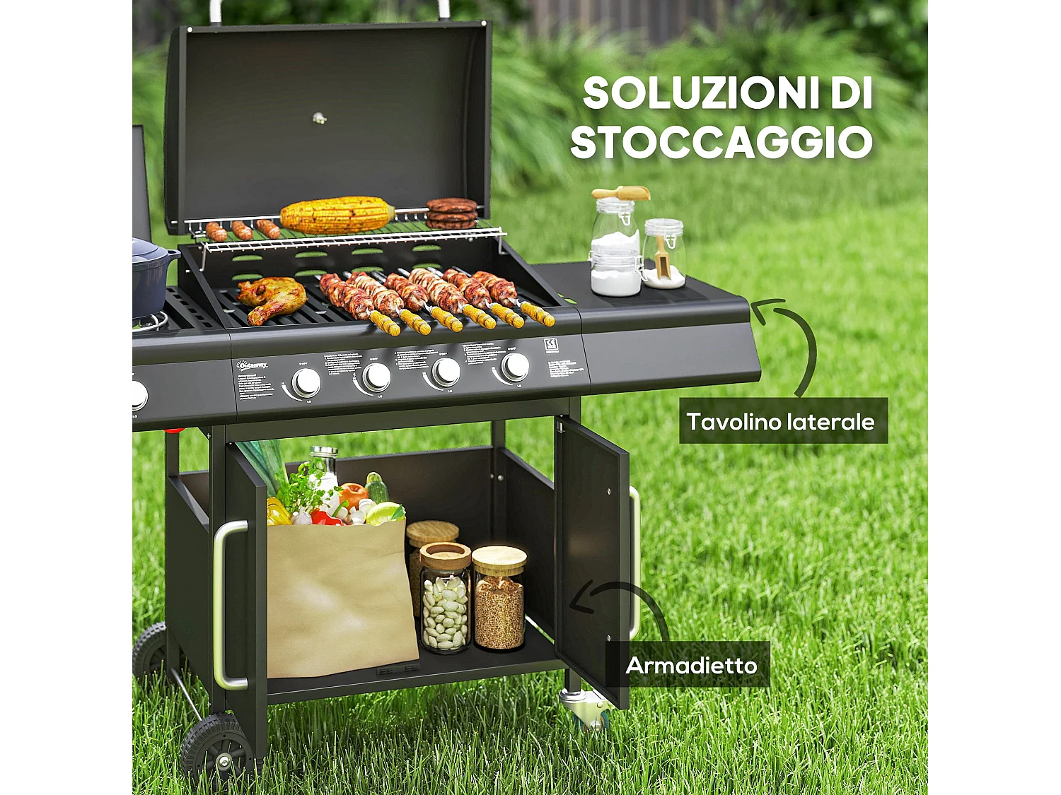 Barbecue a gas a rotelle con fornello, tavolino e armadietto nero