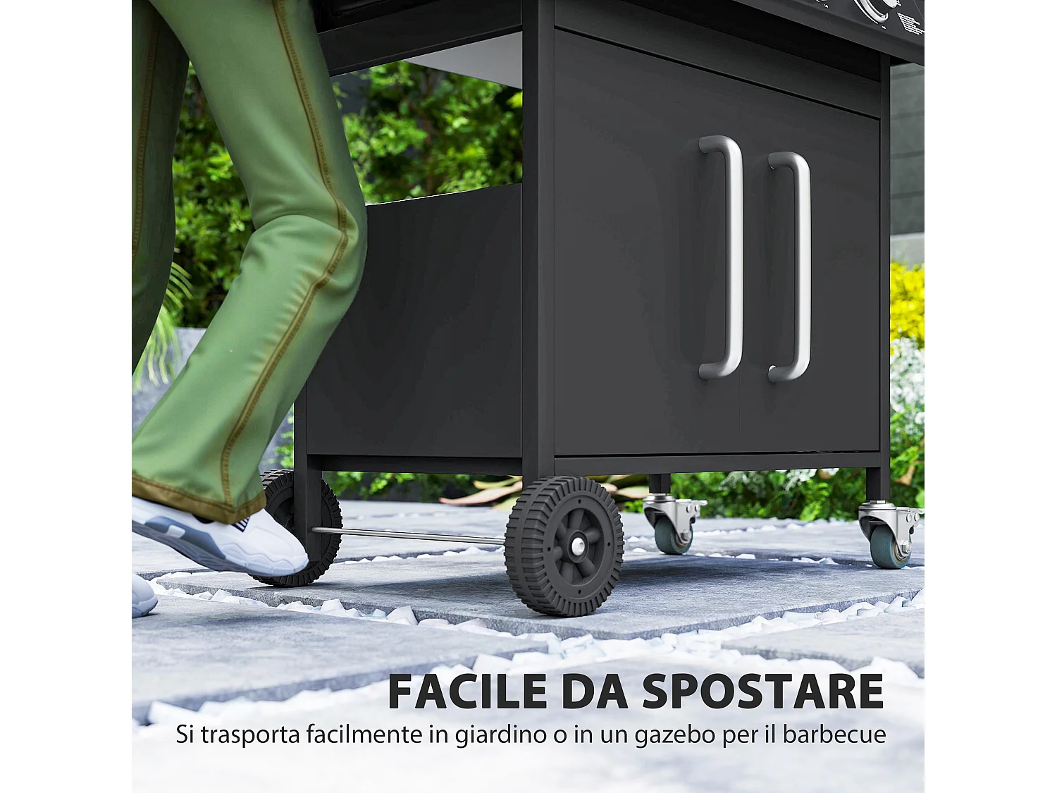 Barbecue a gas a rotelle con fornello, tavolino e armadietto nero
