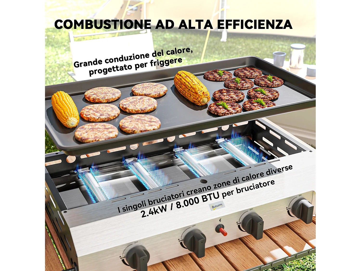 Piastra barbecue a gas antiaderente con 4 bruciatori da 2.4kw