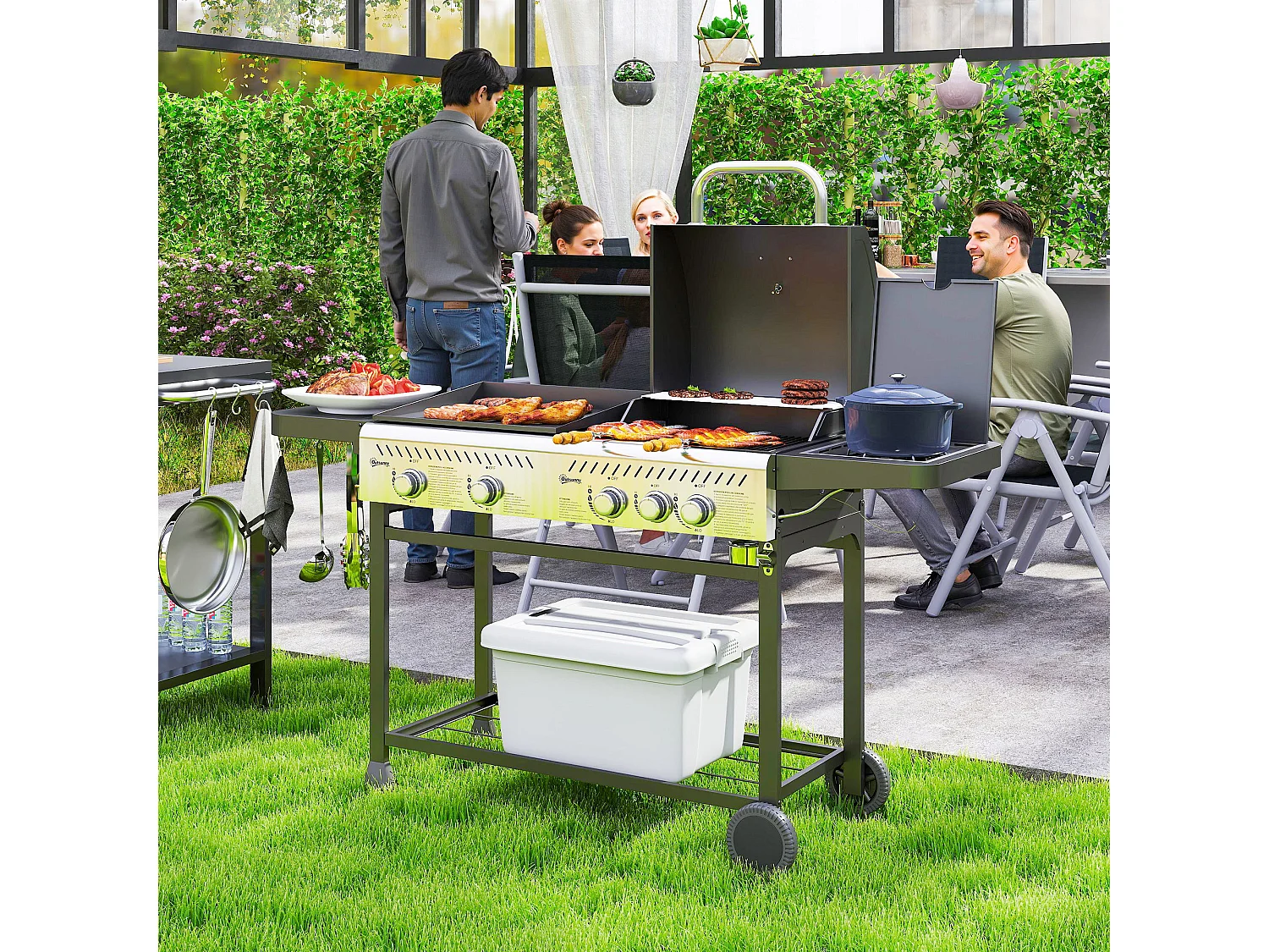 Barbecue a gas con piastra e fornello coperchio con termometro nero