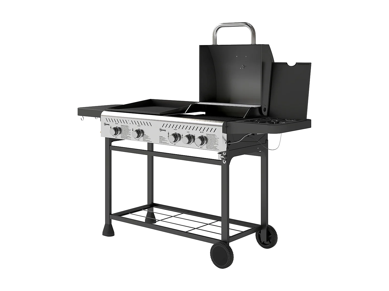 Barbecue a gas con piastra e fornello coperchio con termometro nero