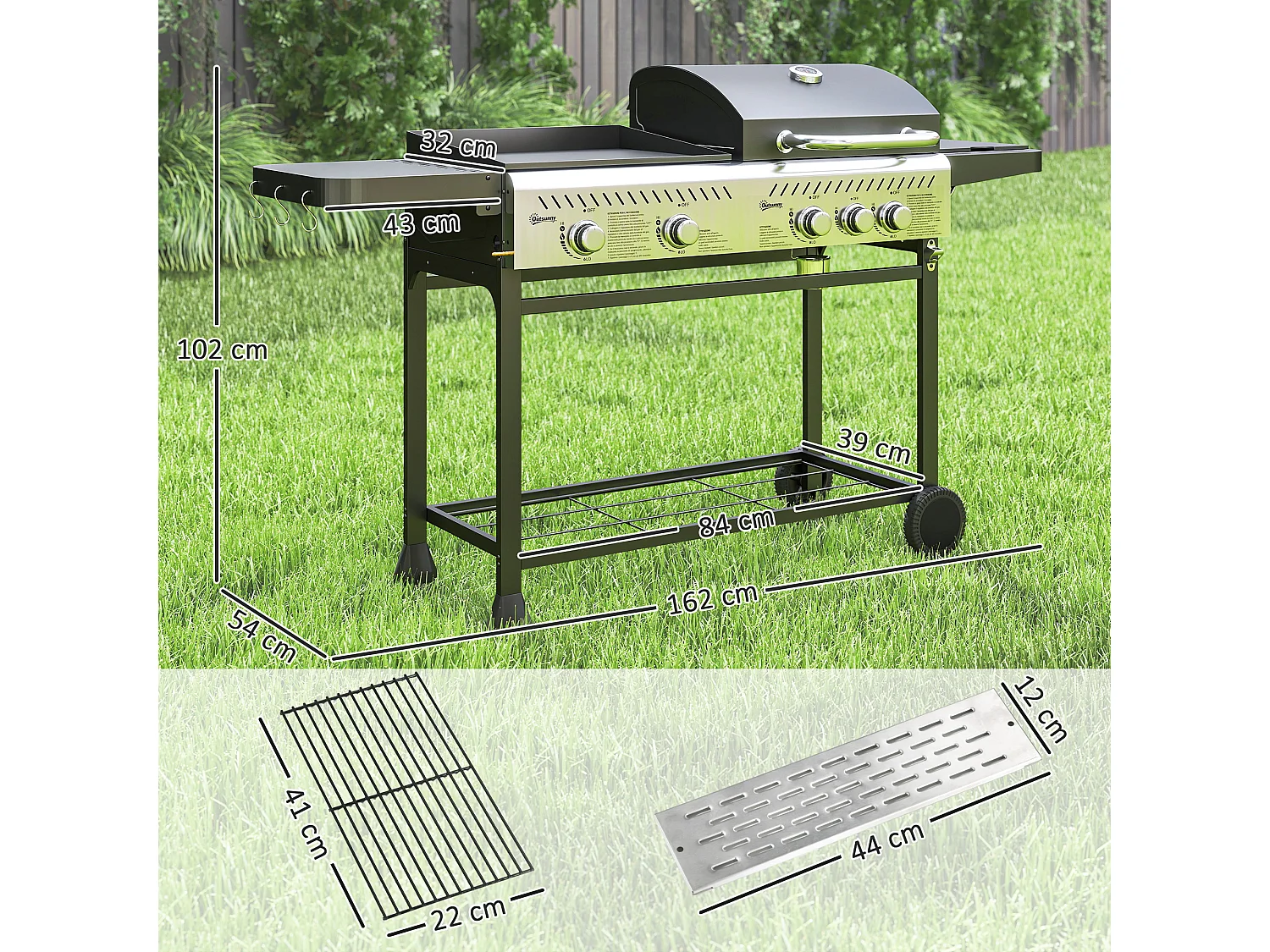 Barbecue a gas con piastra e fornello coperchio con termometro nero