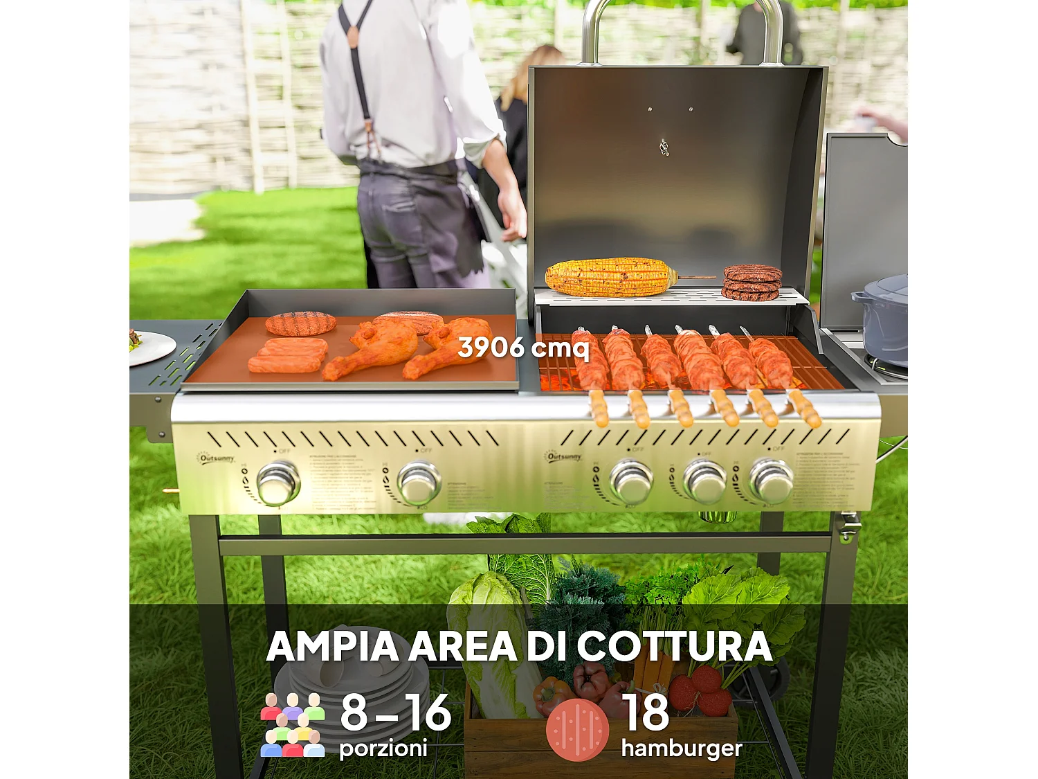 Barbecue a gas con piastra e fornello coperchio con termometro nero