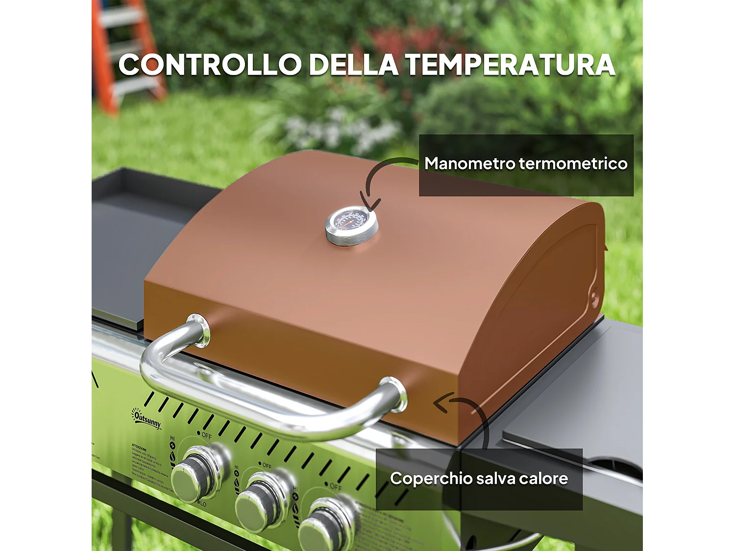 Barbecue a gas con piastra e fornello coperchio con termometro nero