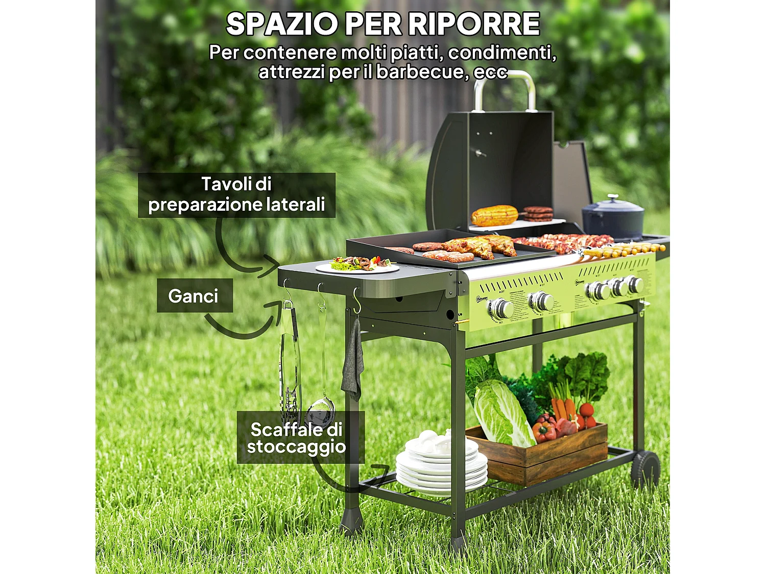 Barbecue a gas con piastra e fornello coperchio con termometro nero