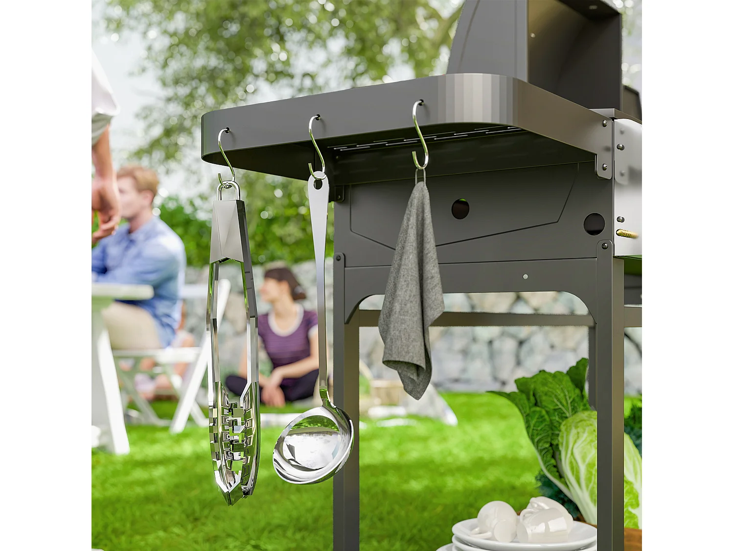 Barbecue a gas con piastra e fornello coperchio con termometro nero